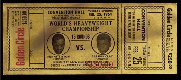 Muhammad Ali & Boxing - 1964 Clay vs. Liston Full Unused $250 Golden Circle Ticket