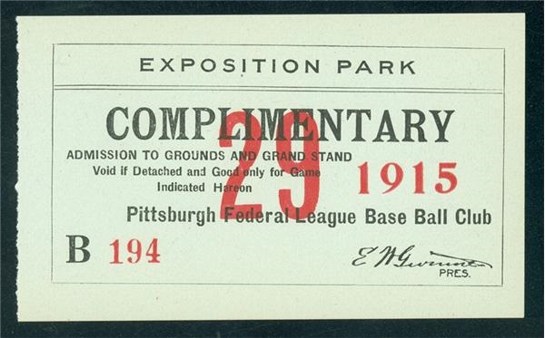January 2005 Internet Auction - Complimentary Pass: Pittsburgh Federal League Baseball Club