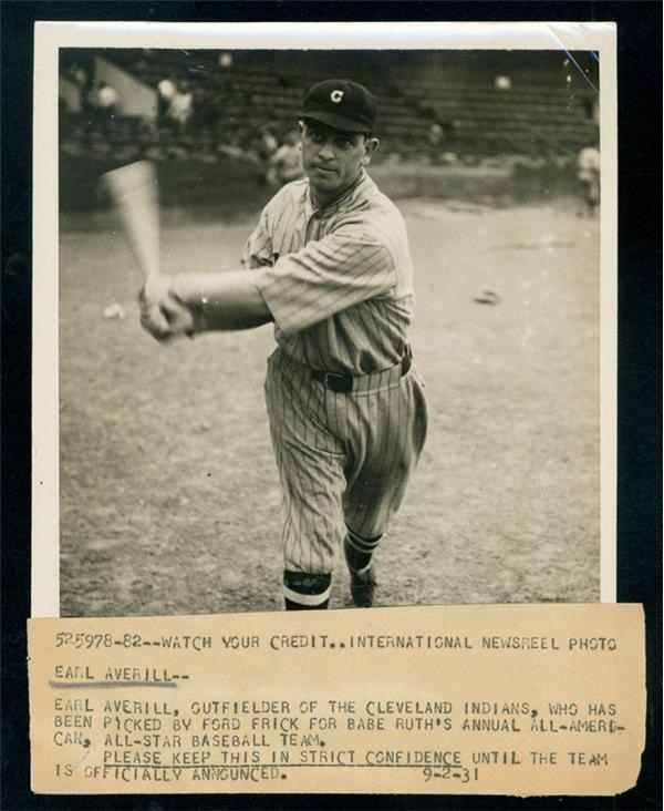 1931 Earl Averill Named to the Babe Ruth All Star’s Wire Photo
