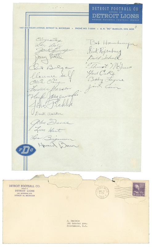 January 2005 Internet Auction - 1950 Detroit Lions Signature Page w/ Original Envelope