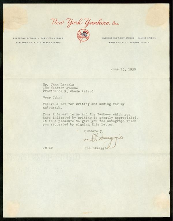 1950 Joe DiMaggio Signed Letter On Yankees Stationery