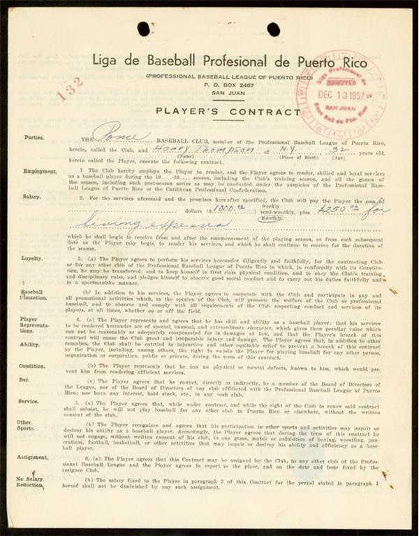 Hank Thompson Puerto Rico League Original Contract
