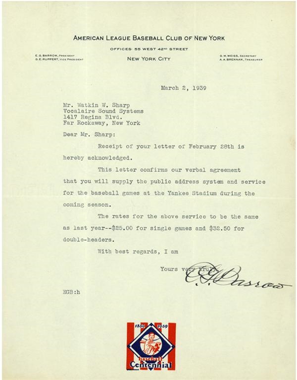 Ed Barrow 1939 Centennial Letter