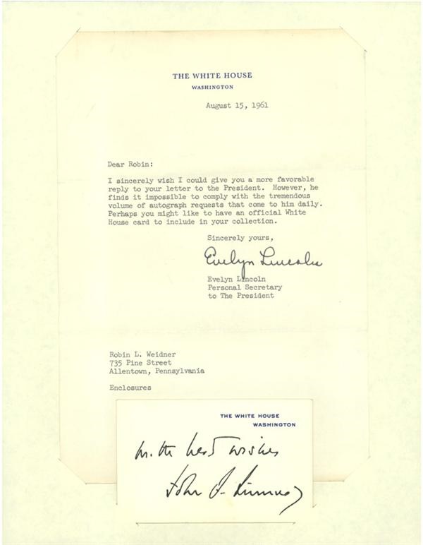 Boston Garden - 1961 JFK Facsimile Signed White House Card with Evelyn Lincoln Letter