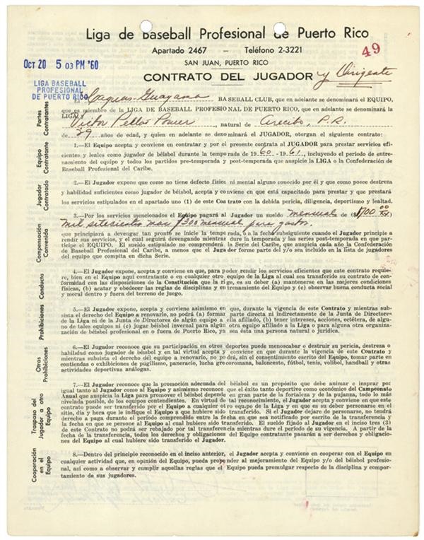 Boston Garden - 1960 Vic Power Original Puerto Rican League Contract