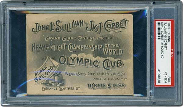 Muhammad Ali & Boxing - 1892 Sullivan vs. Corbett Heavyweight Championship Ticket Unused Ticket (PSA 4)