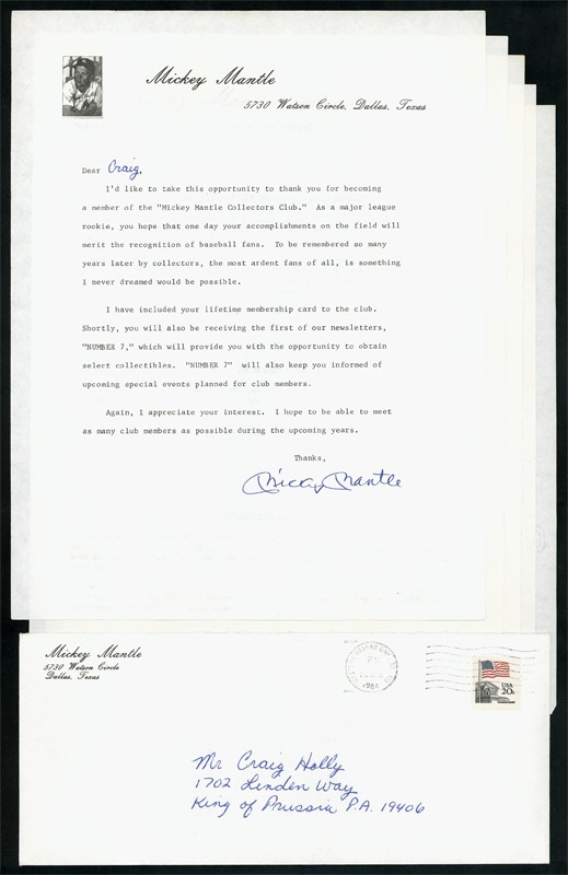 Mickey Mantle - Mickey Mantle Collectors Club Letter