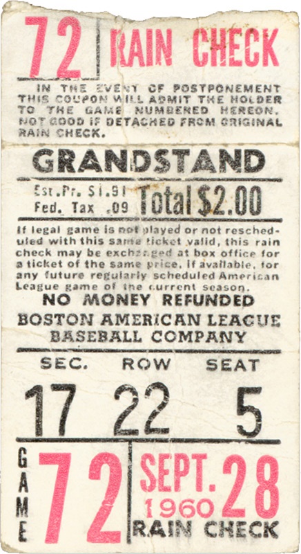 Ted Williams - Ted Williams Last Game, Last At Bat Home Run Ticket