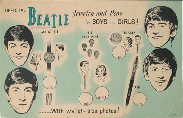 Beatles Memorabilia - 1964 Beatles Lariat, Tie Tacks & Tie Clip Advertising Display Card
