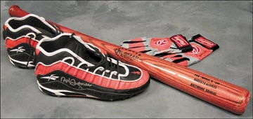 Game Used Baseball Jerseys and Equipment - 1990's Roberto Alomar Bat (34"), Spikes & Batting Gloves