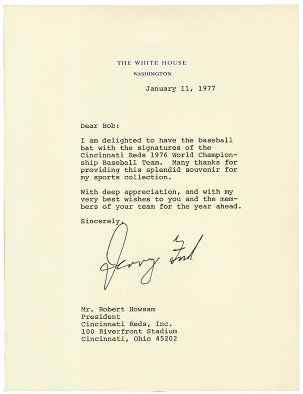 Baseball Autographs - Gerald Ford Letter Signed as President To The Cincinnati Reds with Baseball Content & Related Photos