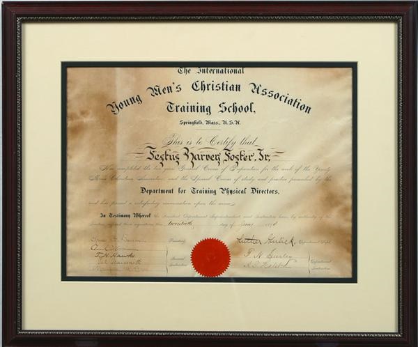 1894 Dr. James Naismith Signed Diploma From The YMCA At Which Invented Basketball