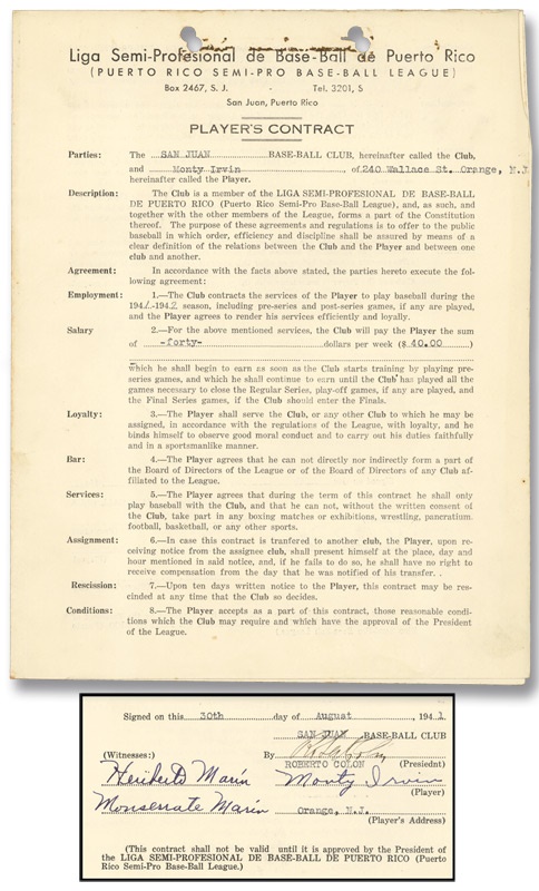 Baseball Memorabilia - 1941 Monte "Irving" Negro League Contract