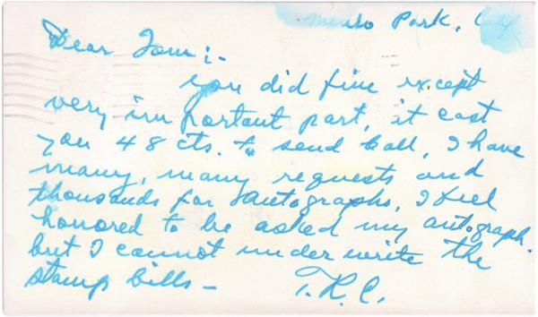 Baseball Autographs - 1952 Ty Cobb Handwritten Letter Penned on a Government Postcard