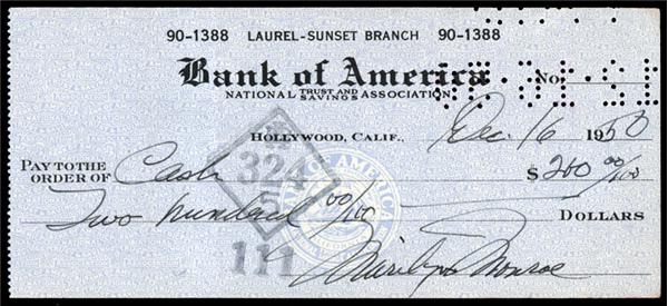 Pop Culture Autographs - Marilyn Monroe Signed Check