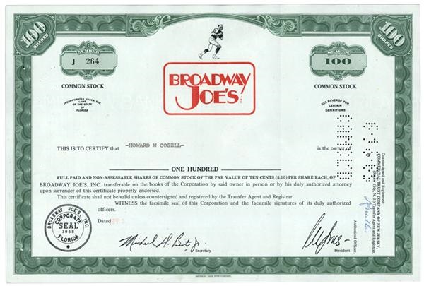 Football - Joe Namath Stock Certificate Signed By Howard Cosell