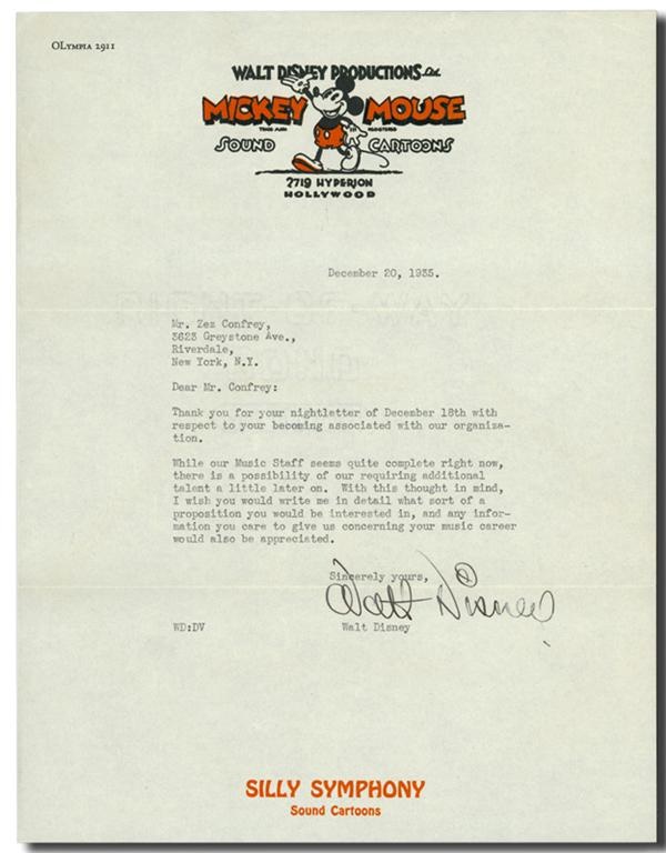 1935 Walt Disney Signed Letter to Zez Confrey