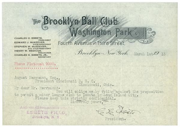 Unique Charles Ebbets Signed Letter on Brooklyn Dodgers Letterhead
