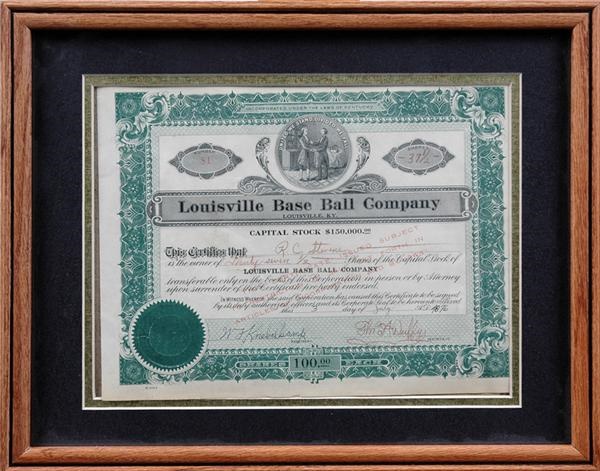 19th Century Baseball - 1876 Louisville Base Ball Club National League Stock Certificate