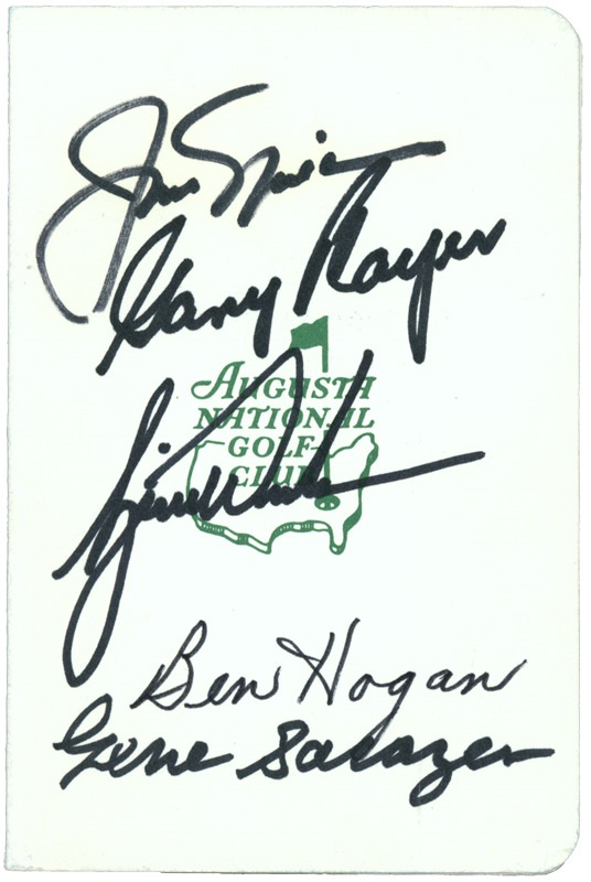 Golf - Career Grand Slam Winners Masters Scorecard Signed by Nicklaus, Player, Hogan, Sarazen & Woods (with provenance)