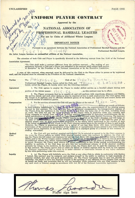 1955-56 Tommy Lasorda Puerto Rican League Contract