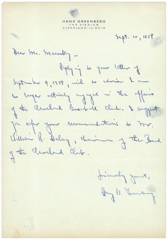 Hank Greenberg Handwritten Letter with Rare Full-Name Signature