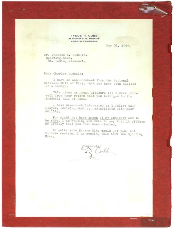 The Kid Nichols Collection - Ty Cobb Hall of Fame Induction Letter to Charles “Kid” Nichols