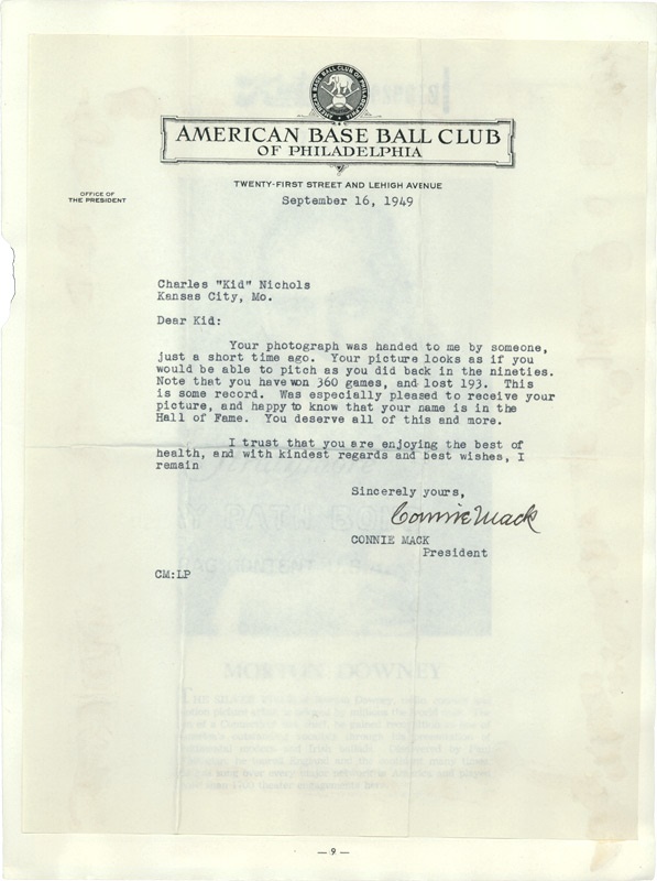 Connie Mack Hall of Fame Congratulatory Letter with 360 Wins Content To Kid Nichols