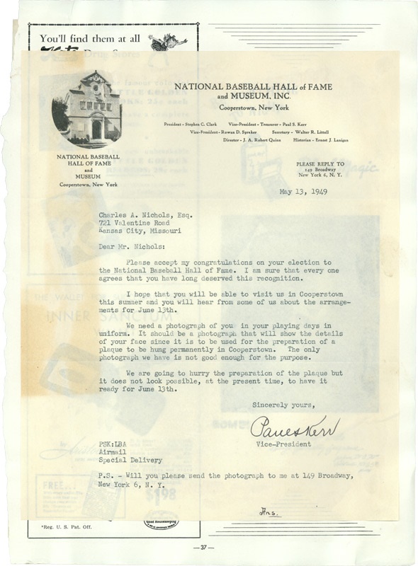 The Kid Nichols Collection - Kid Nichols Hall of Fame Letter and Invitation (2) Induction