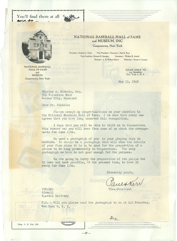 Kid Nichols Hall of Fame Letter and Invitation (2) Induction