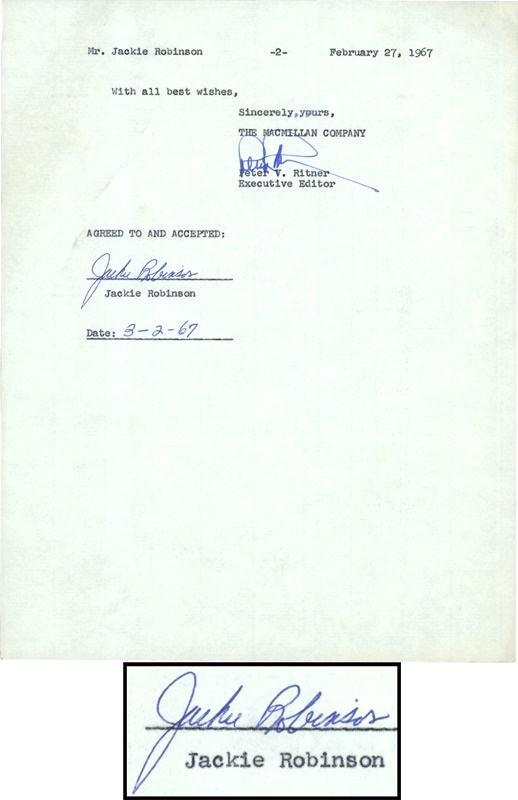 Jackie Robinson - 1967 Jackie Robinson Signed Contract Page