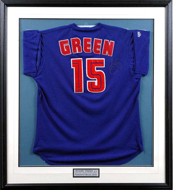 Baseball Jerseys - Shawn Green Autographed Game Worn Jersey With Framed and Autographed Game Used Bat and Ball