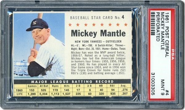 Post War Baseball Cards - 1961 Post Cereal #4 Mickey Mantle PSA 9 Mint