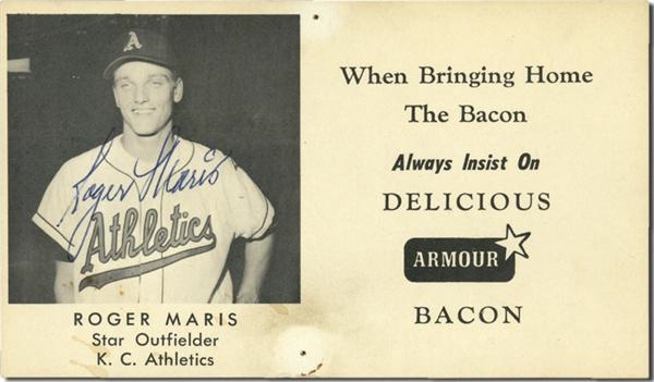 Historical Cards - Roger Maris Armour Bacon Signed Advertising Card & Matching Wood Bat Pens