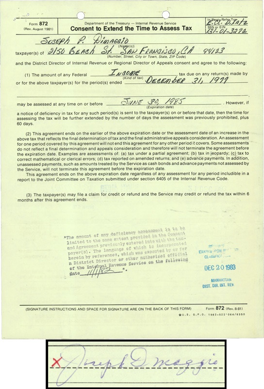 Joe DiMaggio - Joe DiMaggio Checks and IRS Document
