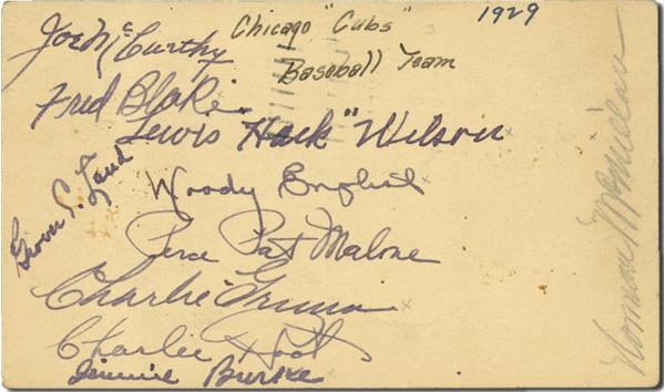 Baseball Autographs - 1929 Chicago Cubs Signed Government Postcard with Hack Wilson