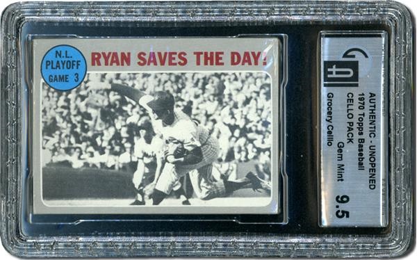 Unopened Cards - 1970 Topps Baseball Cello Pack With Nolan Ryan "Saves The Day" On Top GAI 9.5