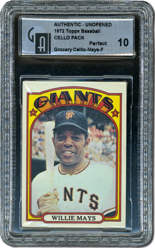 Unopened Cards - 1972 Topps Baseball Cello Pack With Willie Mays On Top GAI 10 Perfect