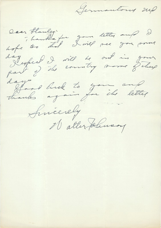 Walter Johnson Handwritten Singned Letter
