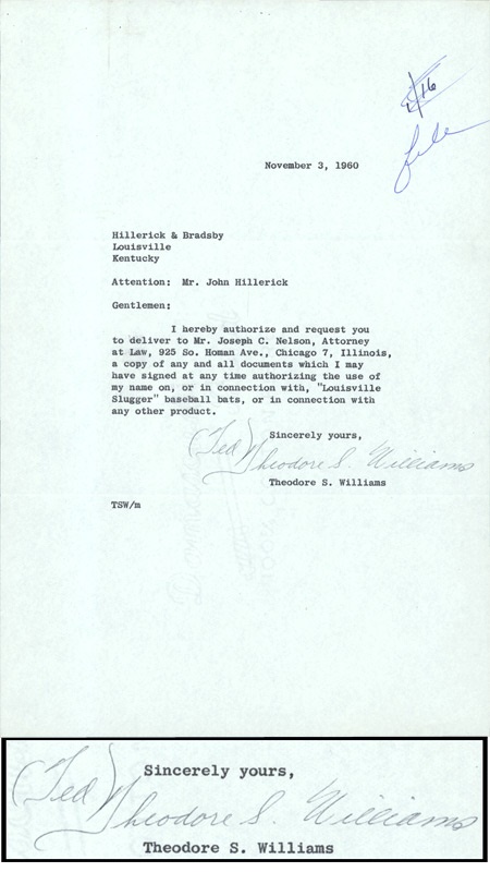 1960 "Theodore S. Williams" Typed Letter Signed to Hillerich and Bradsby