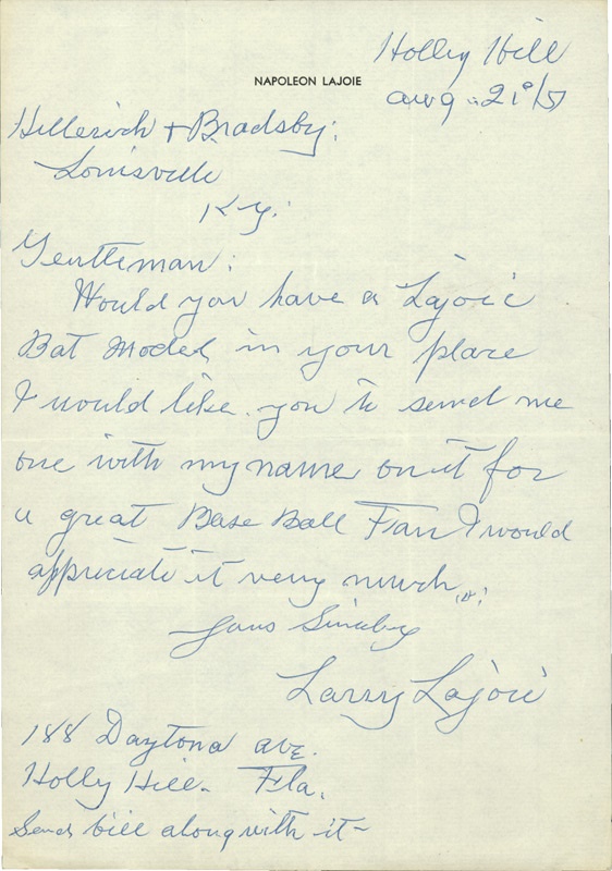 Baseball Autographs - Larry Lajoie Handwritten Letter to Hillerich and Bradsby