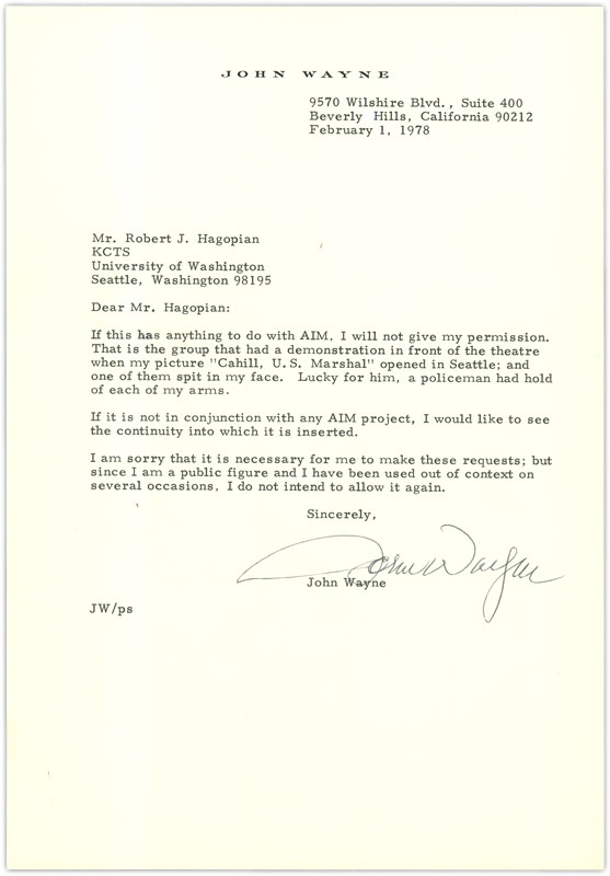 Pop Culture Autographs - John Wayne Signed Typed Letter Regarding Native American Spitting in His Face