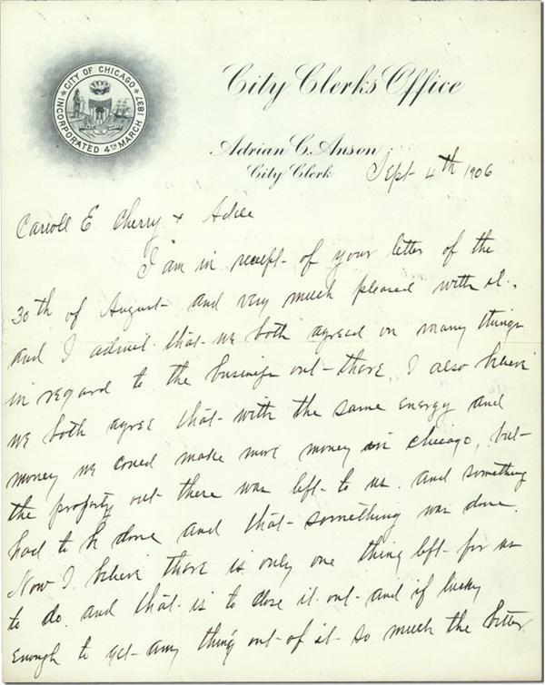 - 1906 Cap Anson Signed Handwritten Letter