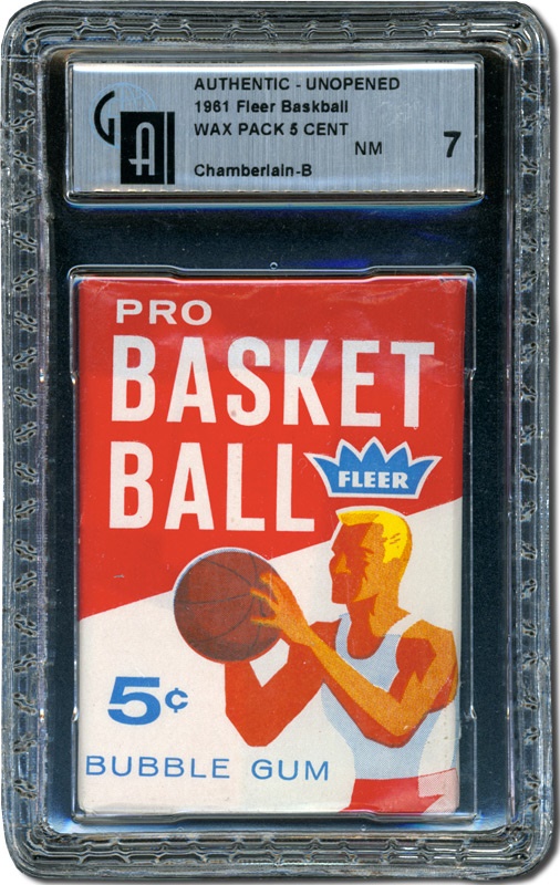 Unopened Cards - 1961/62 Fleer Basketball Wax Pack With Wilt Chamberlain's Rookie on Bottom GAI 7