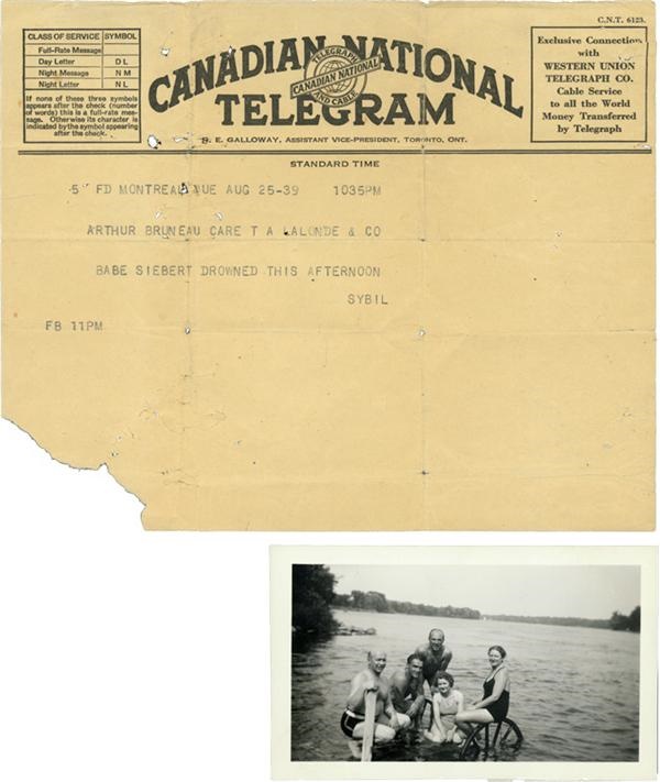 Babe Seibert - 1939 Babe Siebert Drowned Telegram and Photo