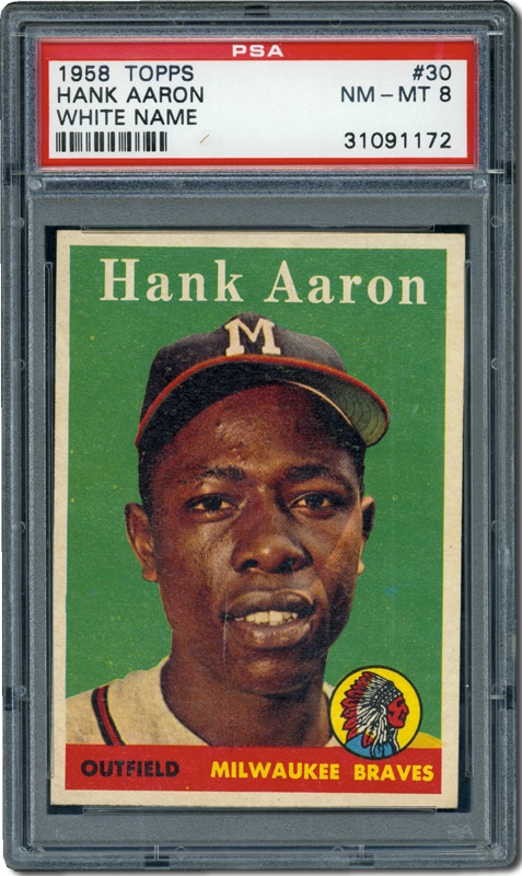 Post War Baseball Cards - 1958 Topps #30 Hank Aaron White Name PSA 8