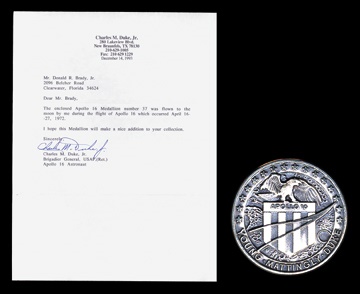 Historical - Apollo 16 Flown Medal with LOA from Astronaut Charles Duke