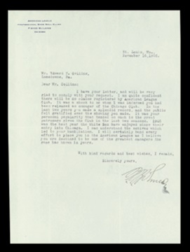 - 1926 Ban Johnson Signed Letter to Eddie Collins