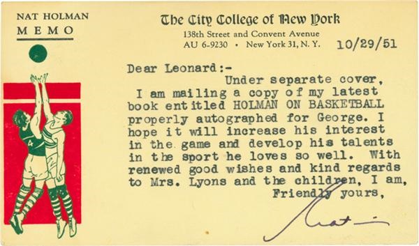 June 2005 Internet Auction - Nat Holman Letter To Leonard Lyons RE: College Basketball Scandal