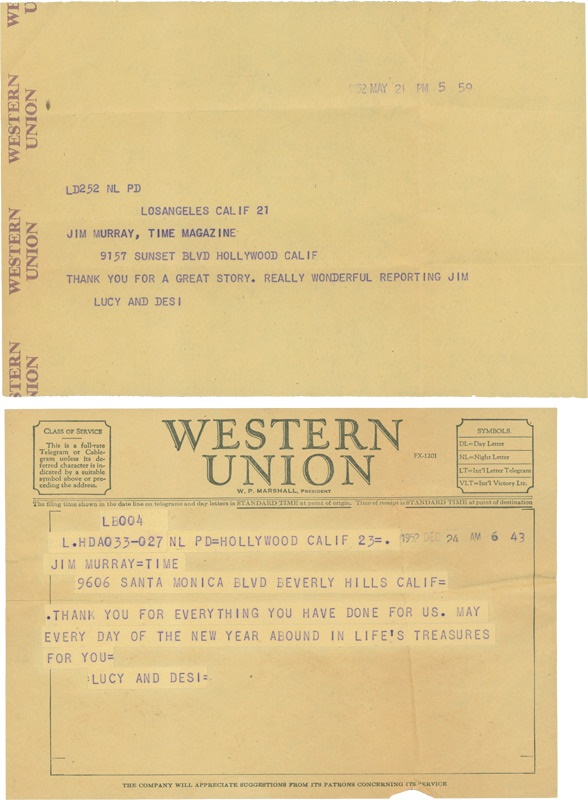Jim Murray Letter Collection - Lucy & Desi Thank You Telegrams
